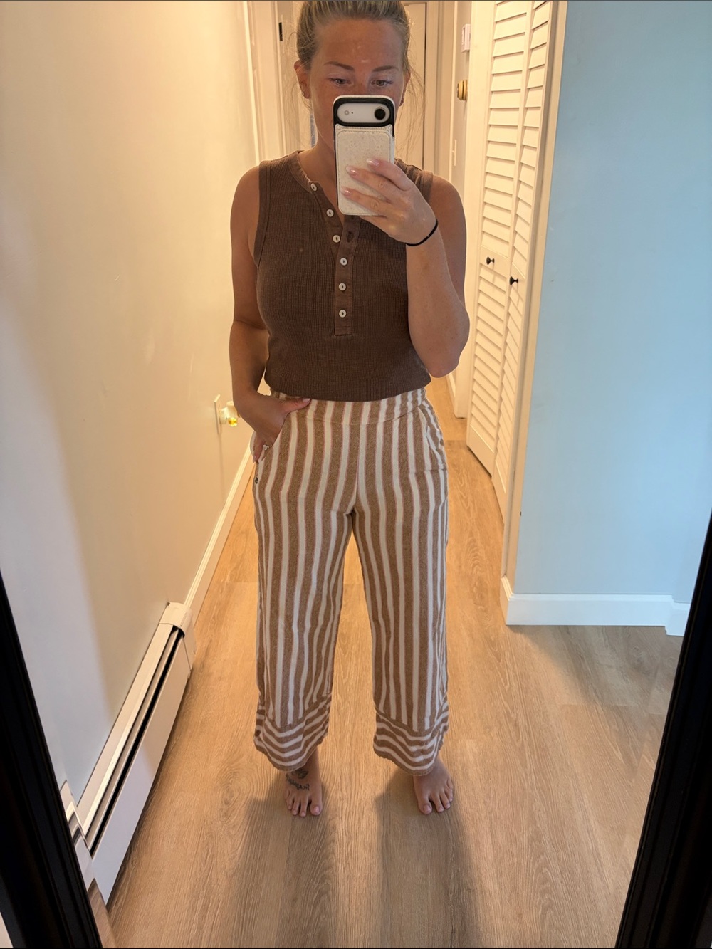 Roxy Brown Ribbed Tank with Tan & White Striped Pants